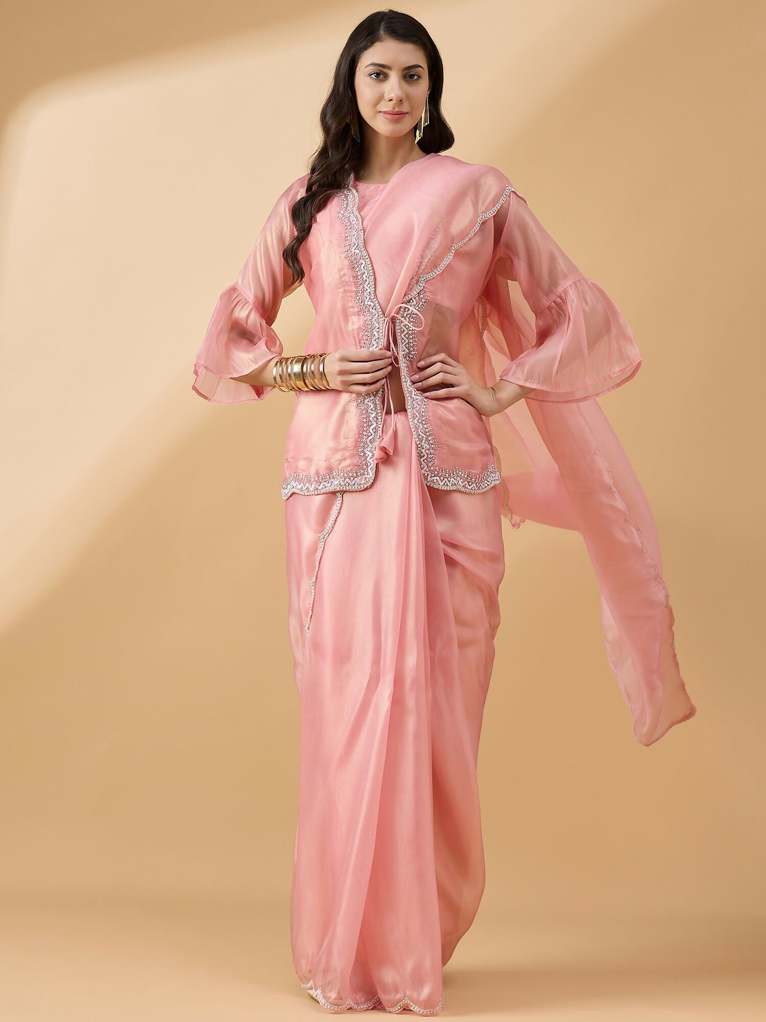 Peach Chiffon Solid Saree with Stitched Blouse & Stone Work Shrug - Dharavi - Distacart