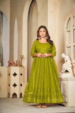 Thumbnail for Jyoti Fashion Women's Mehendi Georgette Embroidered Anarkali Kurta Pant Set With Dupatta - Distacart