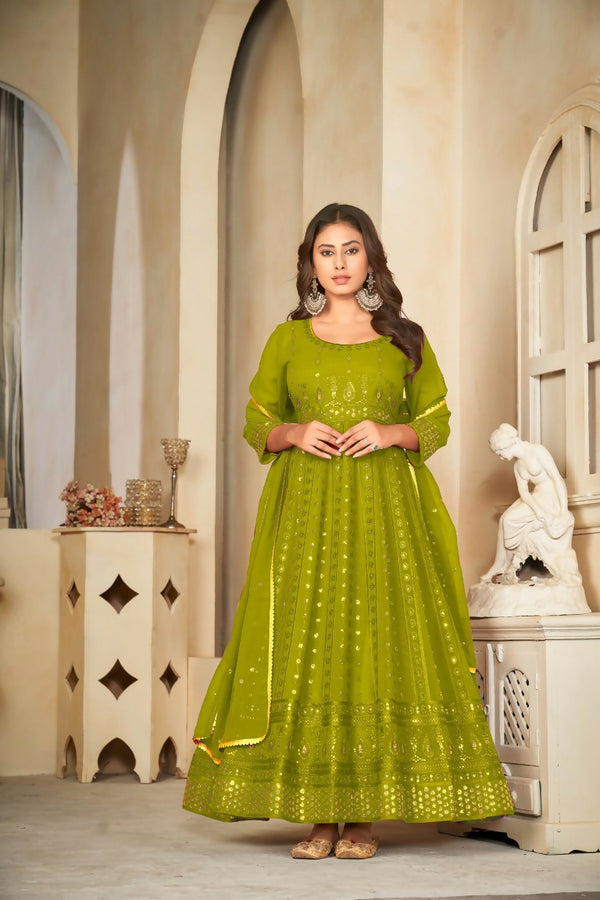 Jyoti Fashion Women's Mehendi Georgette Embroidered Anarkali Kurta Pant Set With Dupatta - Distacart