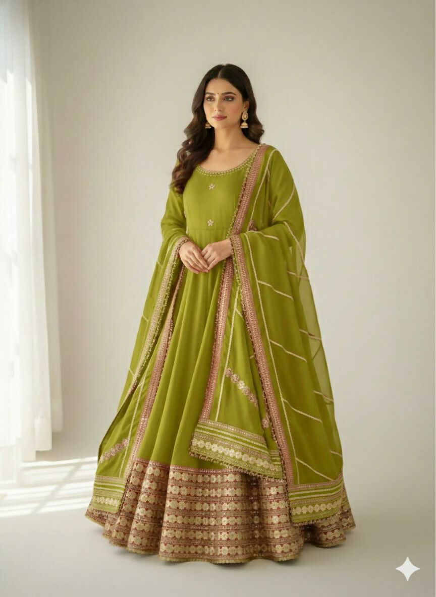 Teeya Creation Womens New Fancy Silk Heavy Quality Fabric With Handwork Light-Green Gown Set - Dista