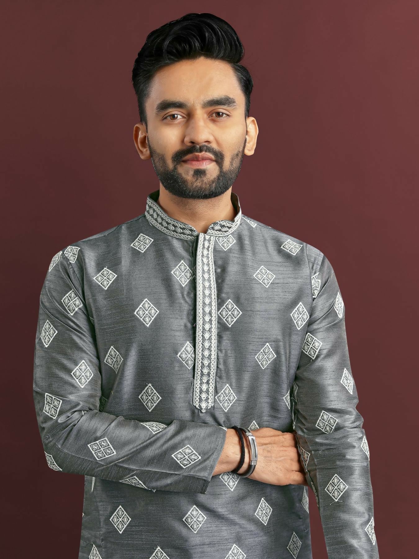 Anaita Grey Embroidered Silk Straight Kurta - Distacart
