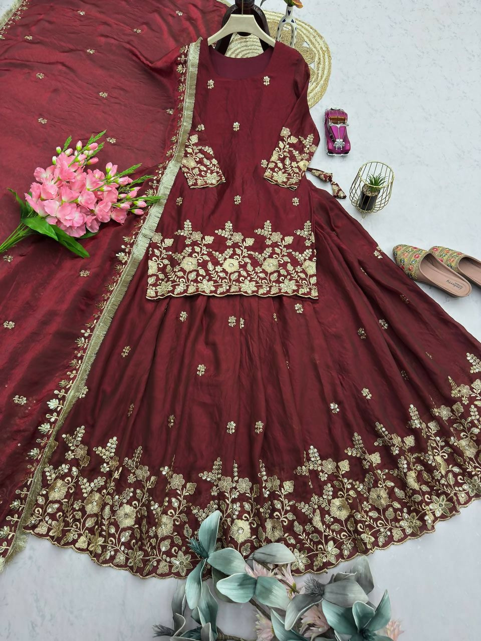 Teeya Creation Womens New Latest Heavy Embroidery Sequins Work Lehenga Set - Red - Dista