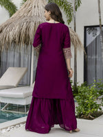 Thumbnail for The52 Wine Beautiful Embroidered Vichitra Silk Fabric Straight Kurta, Palazzo and Dupatta Set - Distacart