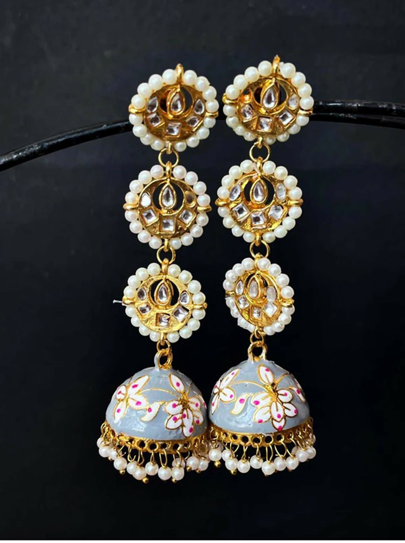 Joban Fashion Women White Meenakari Dome With Three Tops Drop Earring
