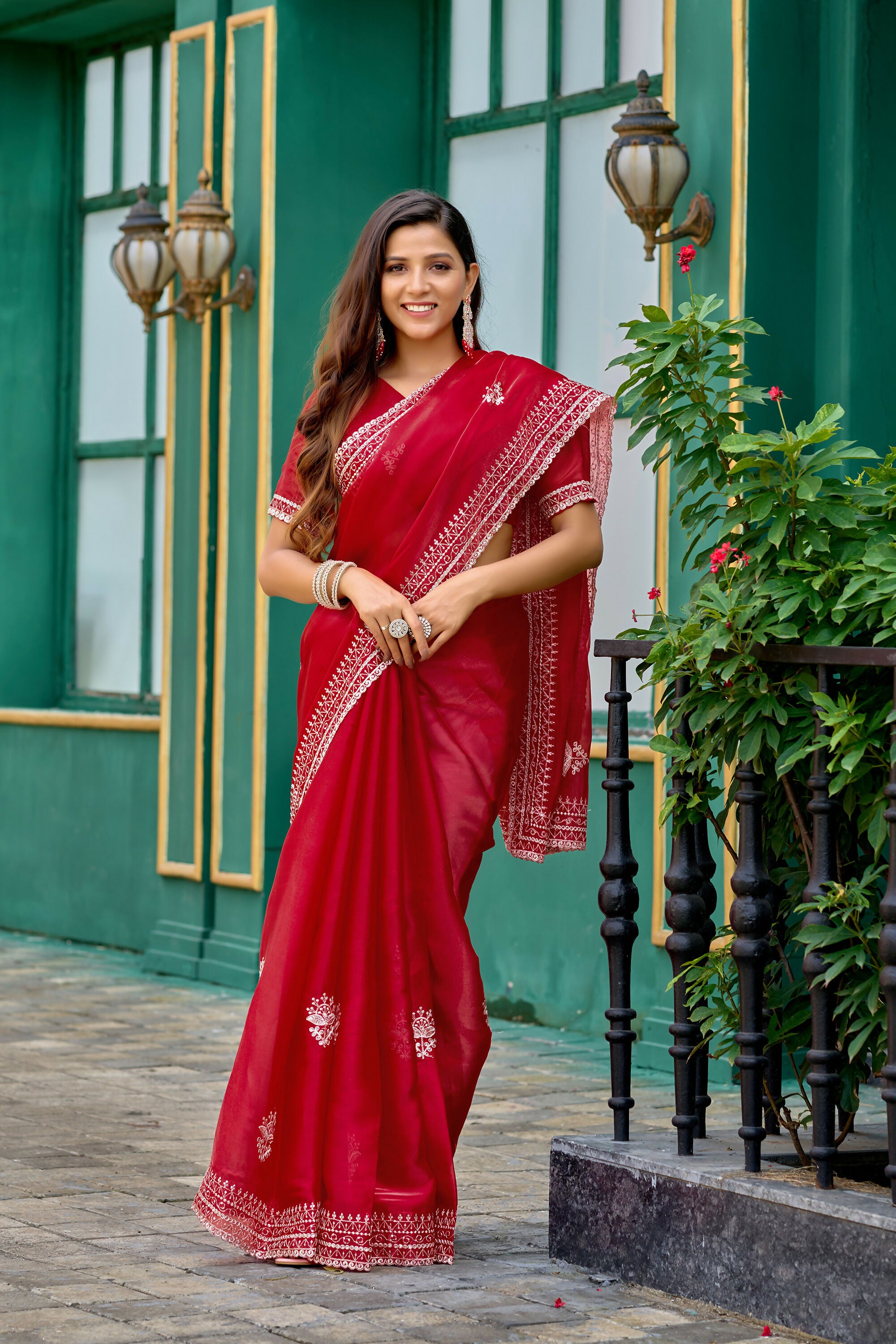 Vastranavya Red Embroidery Work Shimmer Chiffon Saree with Unstitched Blouse