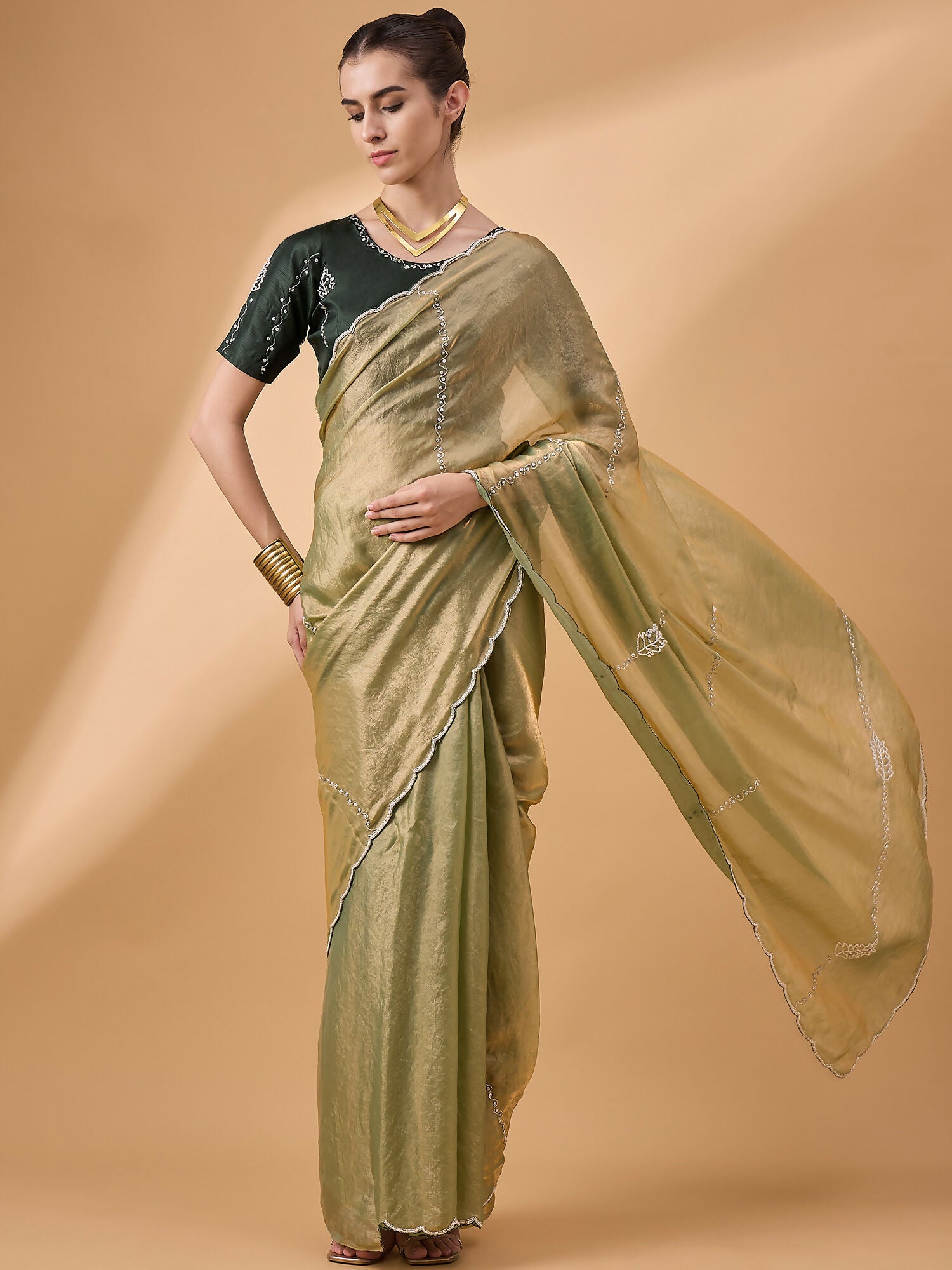 Green Muslin Embroidered Saree with Unstitched Blouse Piece - Satya - Distacart