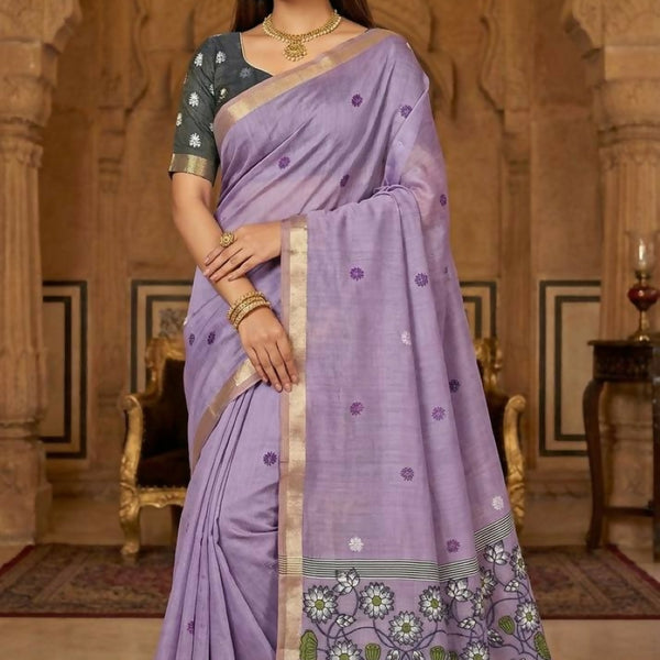 Vastranavya Lavender Muga Cotton Meenakari & Azarakh Pallu Saree with Contrast Blouse - Distacart