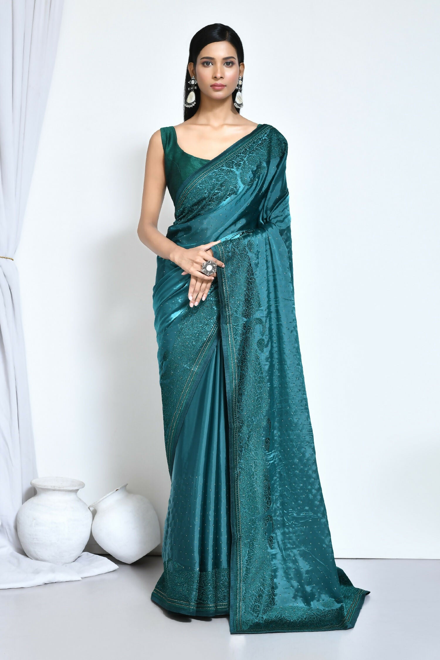 Light Blue Satin Silk Embroidered With Stone Work Festive Saree - Nimaya Denzy - Distacart