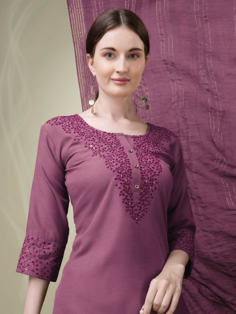 Jyoti Fashion Women's Onion Cotton Blend Embroidery & Sequence work Kurta with Trouser & Dupatta - Distacart