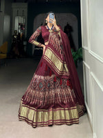Thumbnail for Vastranavya Traditional Every Occasion Gaji Silk Digital Print With Lagadi Patta Lehenga with Unstitched Blouse - Maroon - Distacart