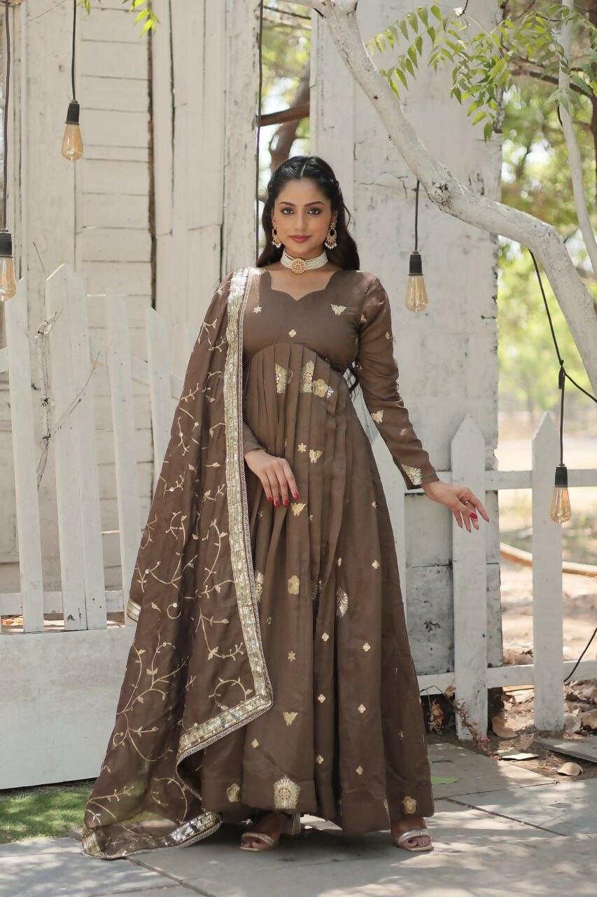 Preksha Creation Designed Vichitra Shimmer With Rich Sequins Embroidered Work Women Gown And Dupatta - Light Green - Distacart
