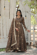 Thumbnail for Preksha Creation Designed Vichitra Shimmer With Rich Sequins Embroidered Work Women Gown And Dupatta - Light Green - Distacart