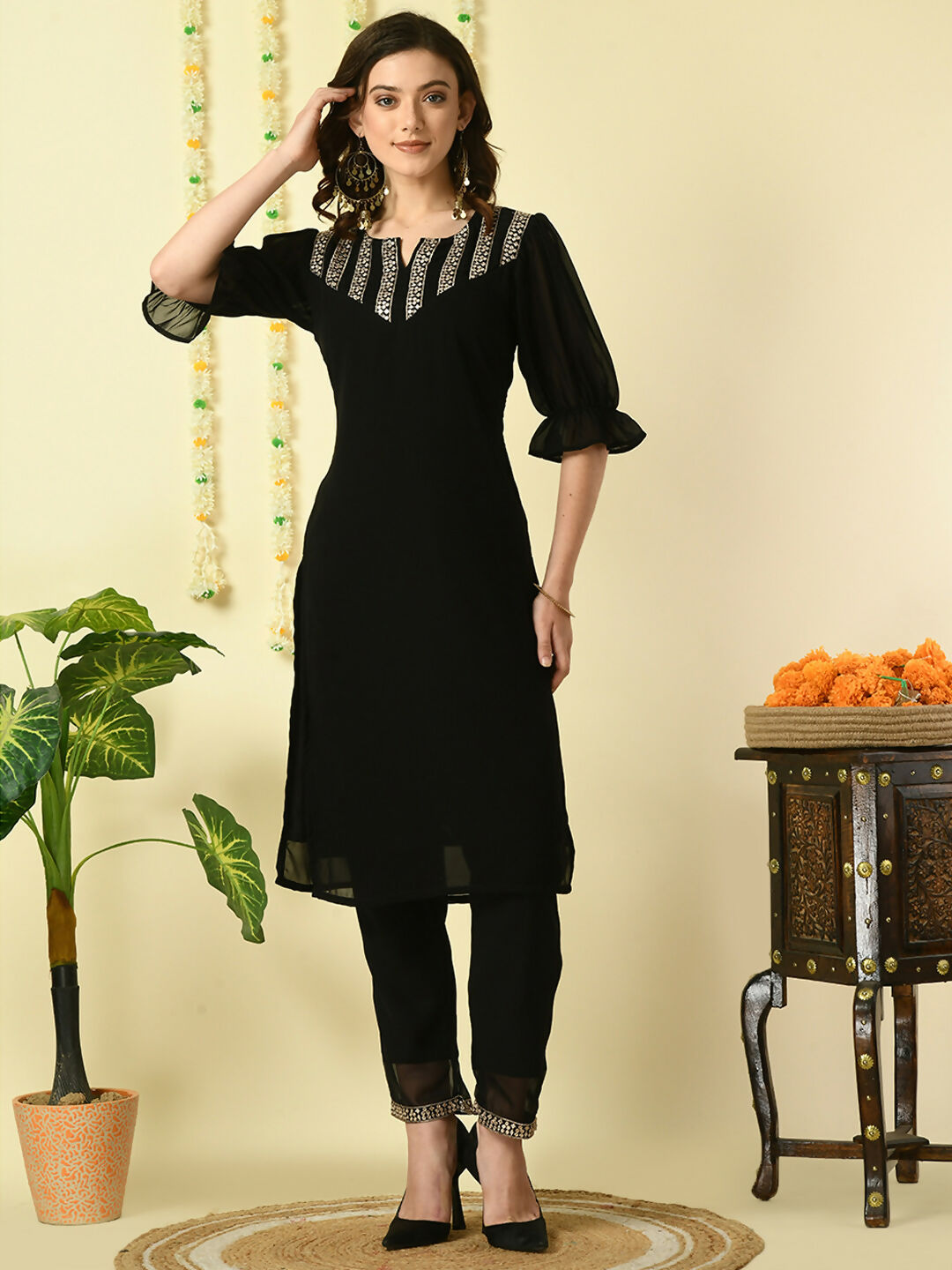 Myshka Women's Black Georgette Kurta With Trousers Party Sets - Distacart