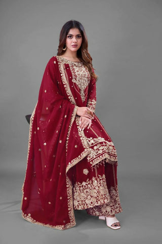 Teeya Creation Red Color Faux georgette Embroidery Work Sharara Set