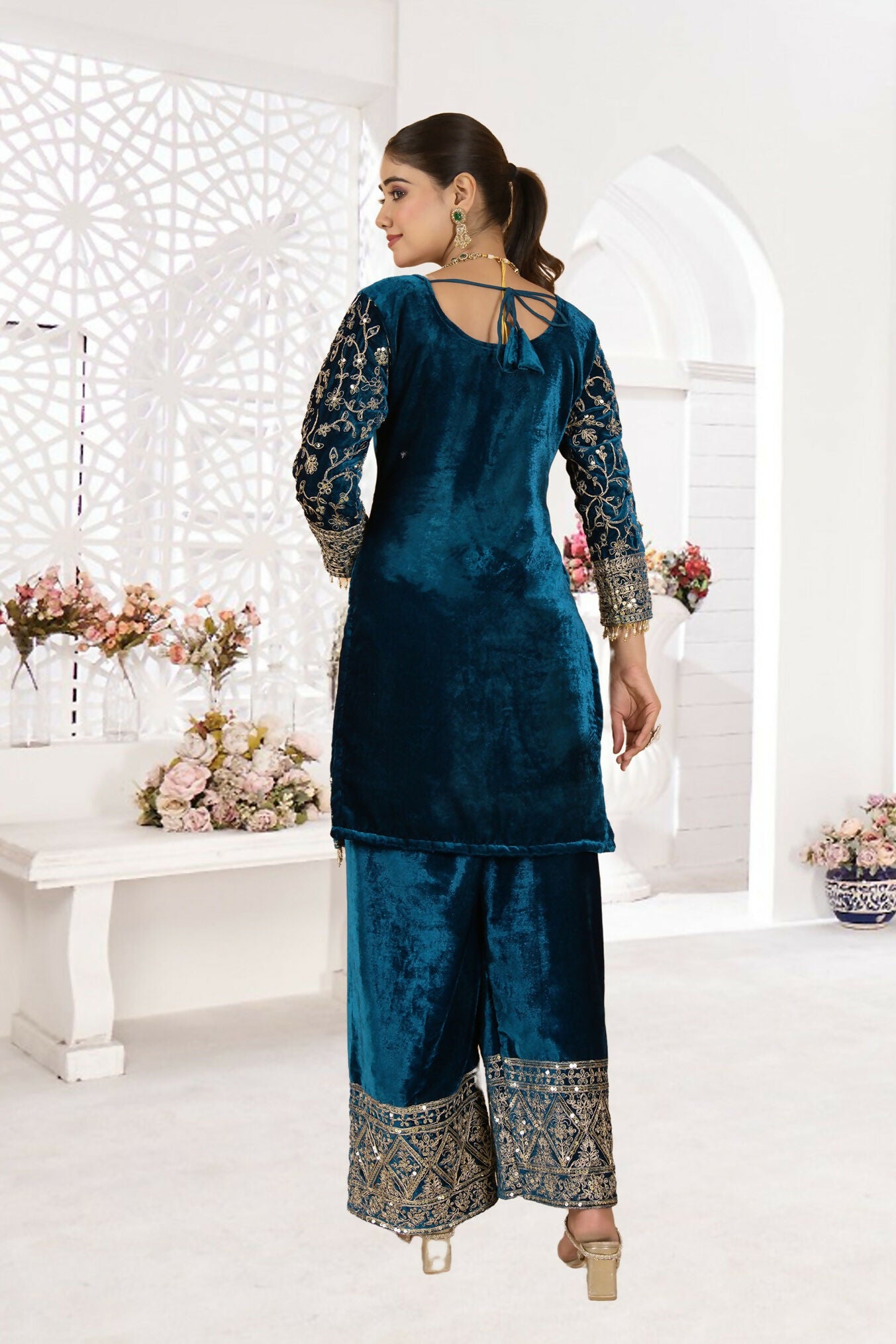 Joban Fashion Blue Velvet Sequence Embroidery Work Kurta Set