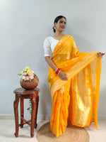 Thumbnail for Malishka Cotton Silk Jacquard Ready To Wear Saree With Blouse Piece - Yellow - Distacart
