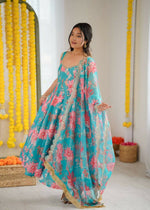 Thumbnail for Teeya Creation Blue Pure Muslin Silk Digital Print Traditional Wear Long Gown - Distacart