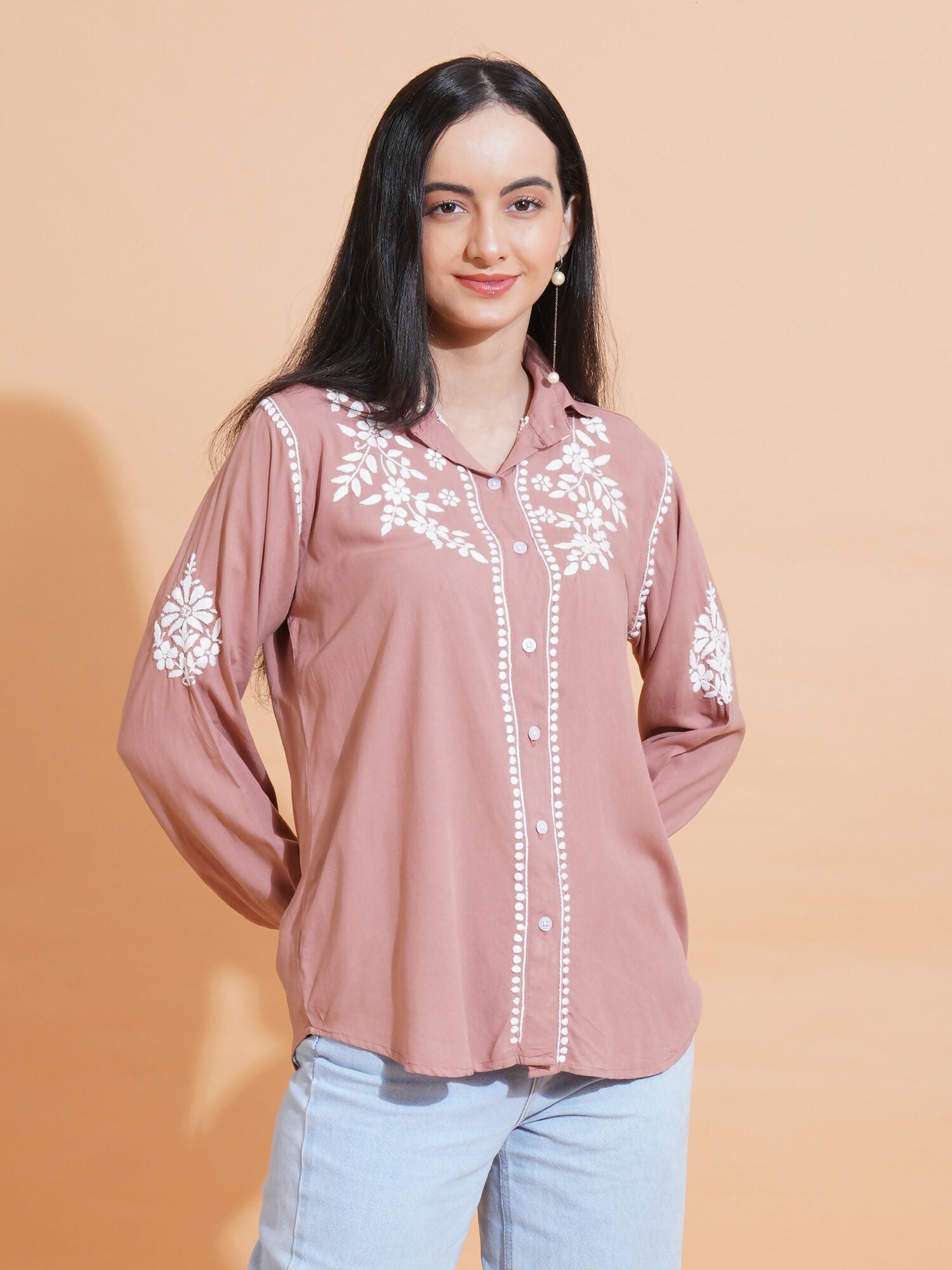 Pahnaz Modal Chikankari Handwork Shirt-Brown - Dista