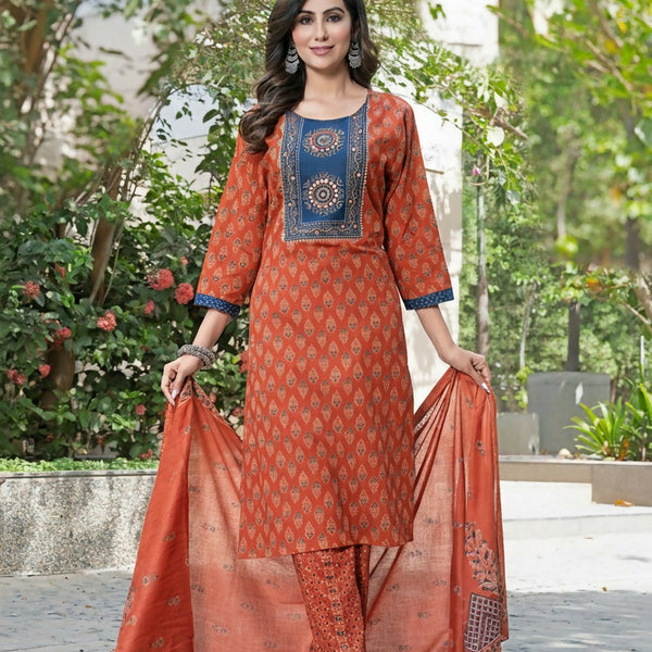 BulBul Aaliya Elegance Rust Cotton Kurta Set with Dupatta
