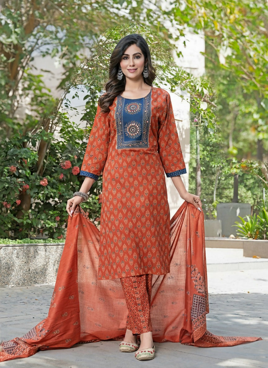 BulBul Aaliya Elegance Rust Cotton Kurta Set with Dupatta - Distacart