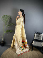 Thumbnail for Joban Fashion Off-White Peacock & Floral Motifs Soft Silk Kanchipuram Saree - Distacart