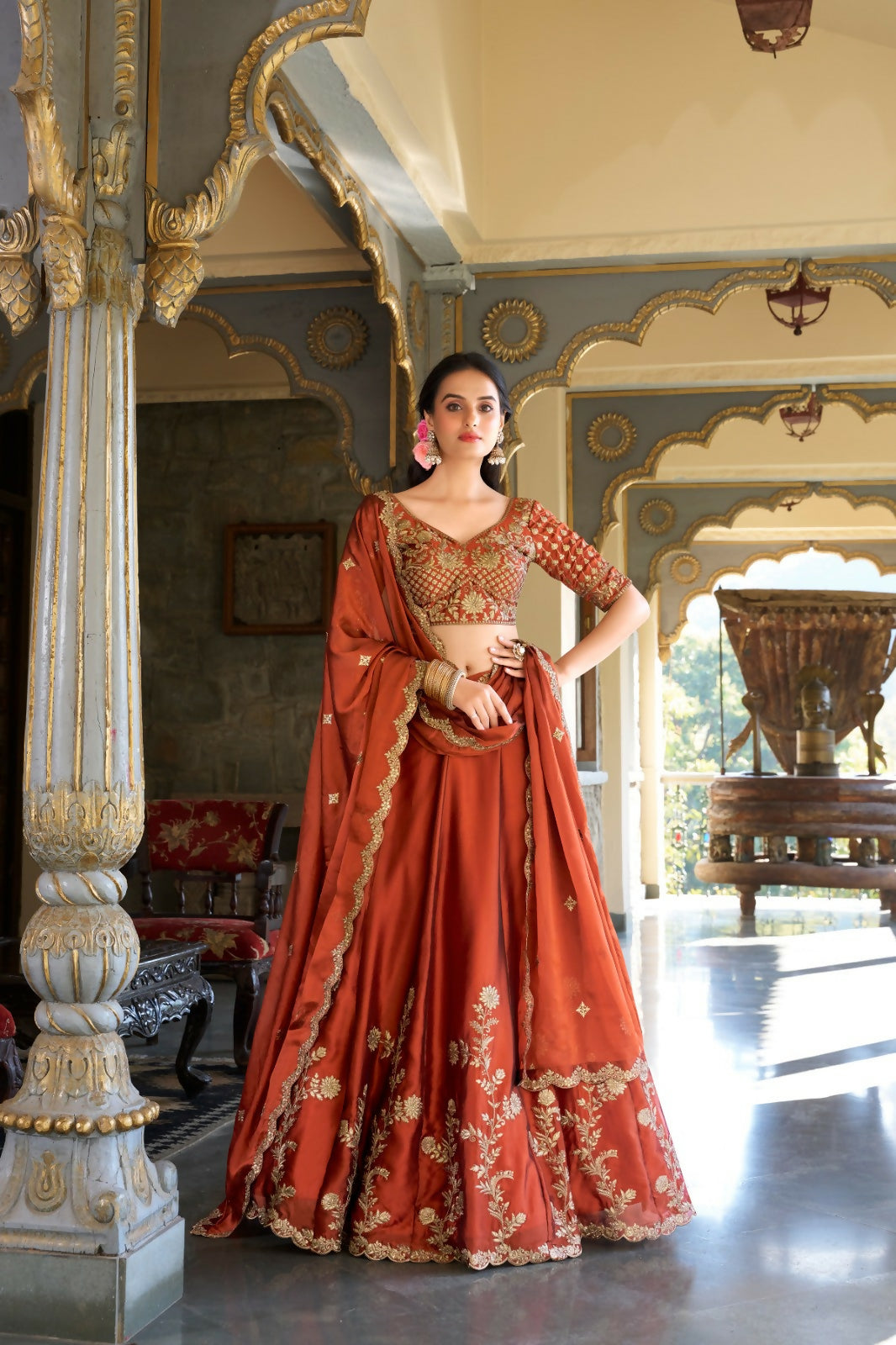 Jihu Culture Women's Orange Zari Embroidery Work Lehenga Choli