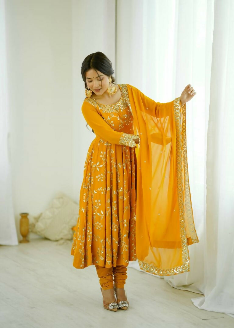 Teeya Creation Yellow Color Heavy Faux Georgette Embroidery Work Gown