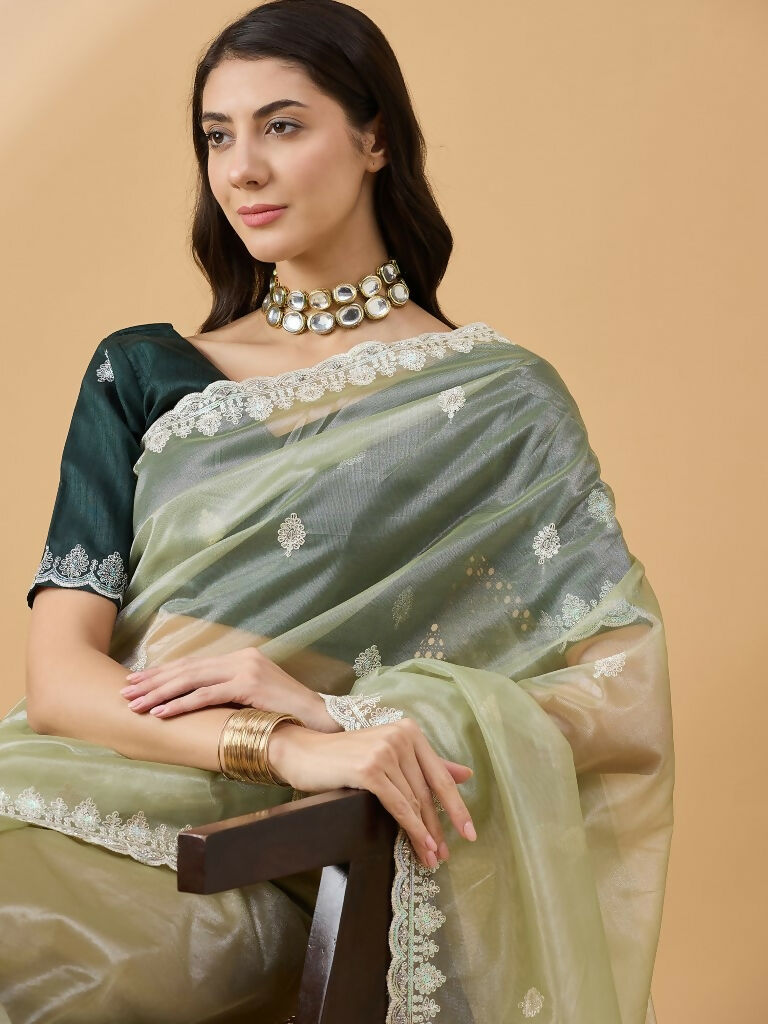 Green Organza Sequence Embroidered Saree with Unstitched Blouse - Satya - Distacart