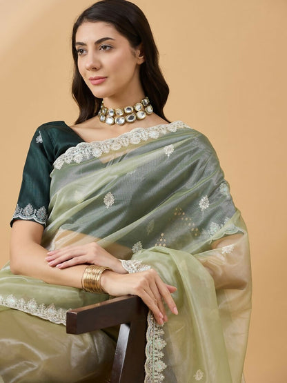 Green Organza Sequence Embroidered Saree with Unstitched Blouse - Satya - Distacart