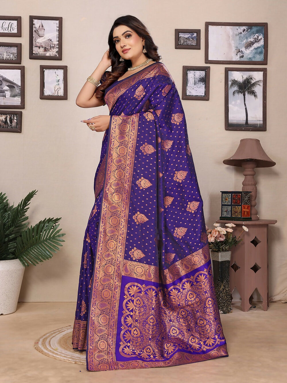 Joban Fashion Banarasi Navy Blue Woven Soft Silk Saree