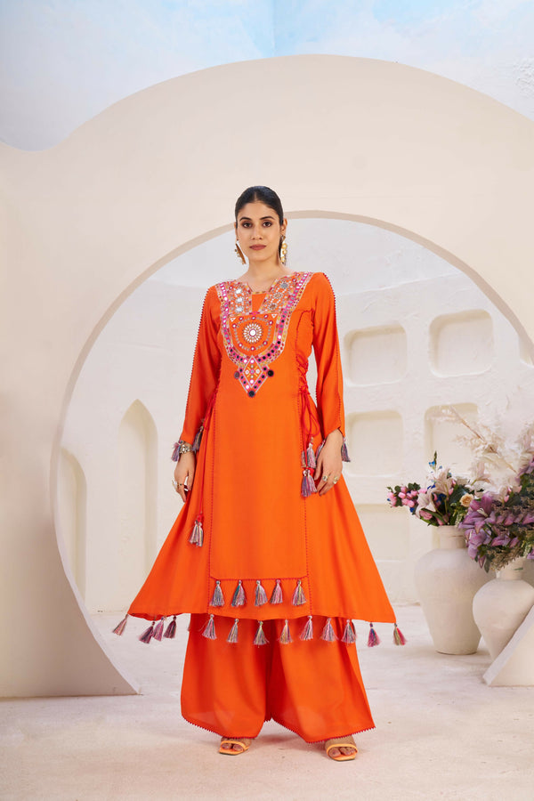 Joban Fashion orange Palazzo Rayon Coding Dori with Sequence with Rivet Moti