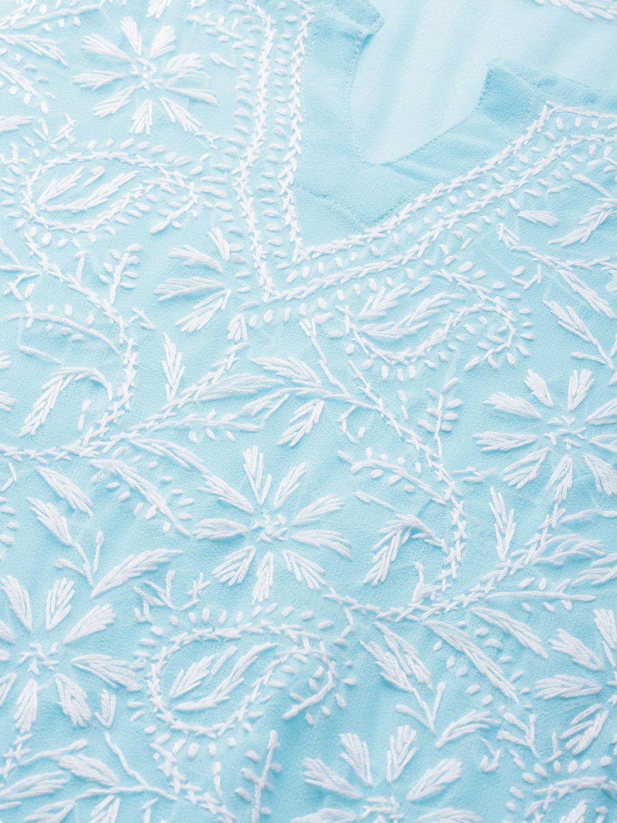 ADA Women Blue & White Chikankari Embroidered Straight Sustainable Handloom Kurta with Inner - Distacart