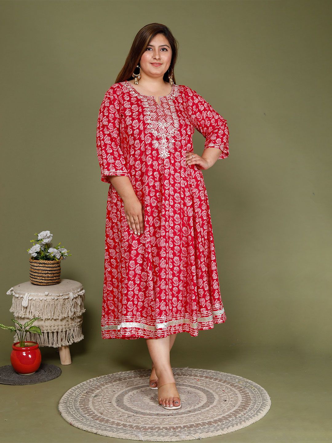 Swasti Plus Size Floral Printed Three-Quarter Sleeves Cotton Ethnic Dress - Distacart