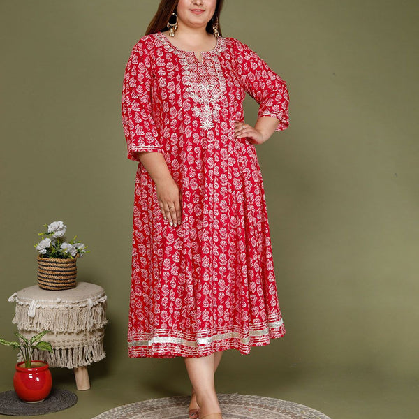 Swasti Plus Size Floral Printed Three-Quarter Sleeves Cotton Ethnic Dress - Distacart