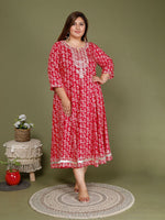 Thumbnail for Swasti Plus Size Floral Printed Three-Quarter Sleeves Cotton Ethnic Dress