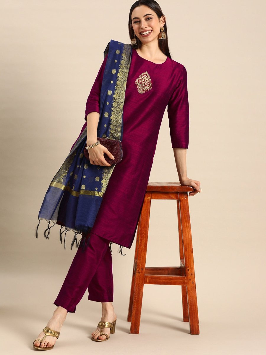 Anouk Women Purple Thread Work Kurta with Trousers & With Dupatta - Distacart