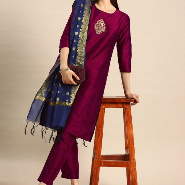 Anouk Women Purple Thread Work Kurta with Trousers & With Dupatta - Distacart