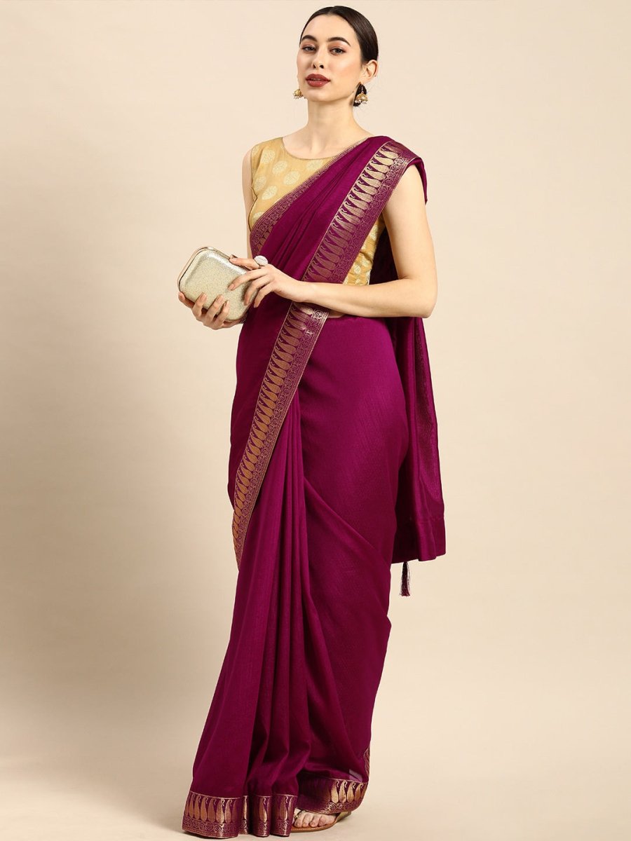 Anouk Purple Cotton Blend Solid Banarasi Saree - Distacart