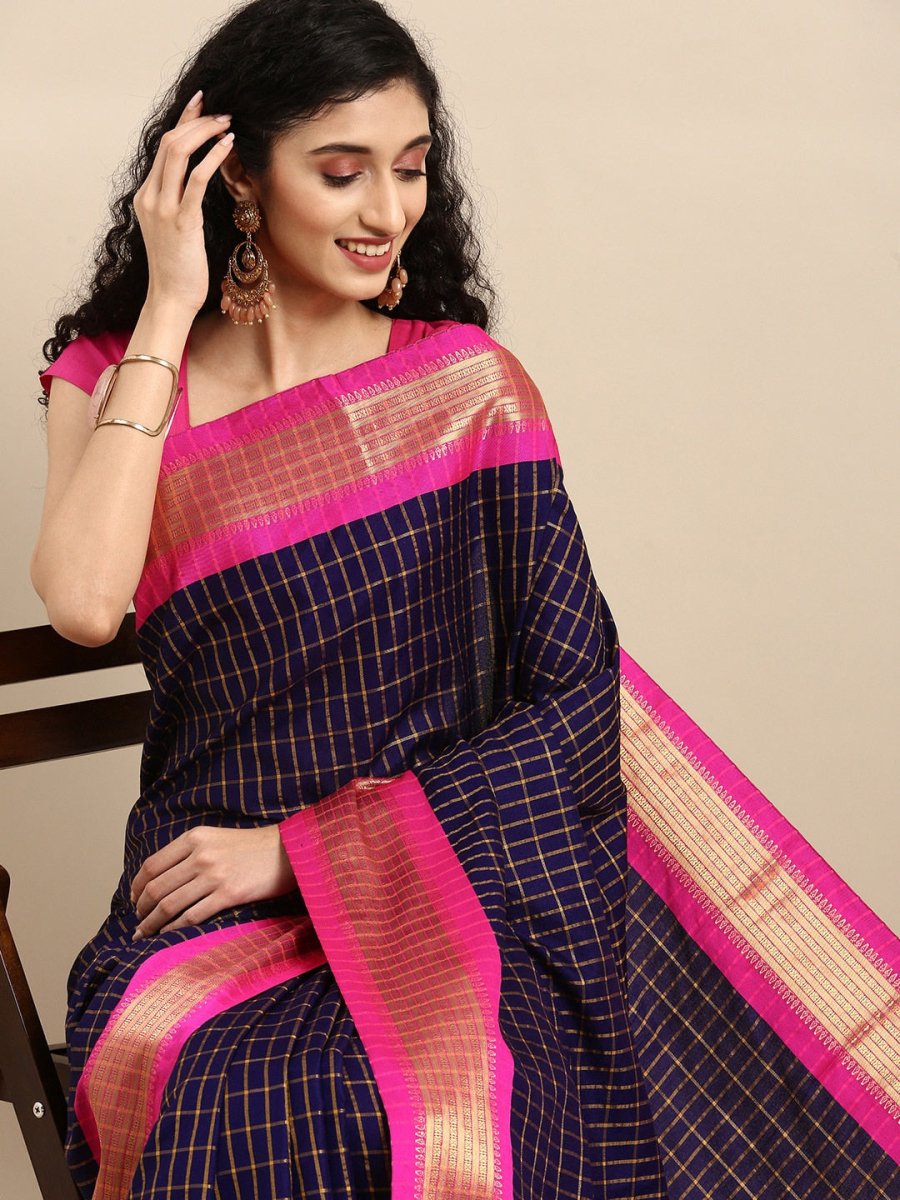 Anouk Navy Blue & Fuchsia Woven Design Pure Silk Banarasi Saree - Distacart