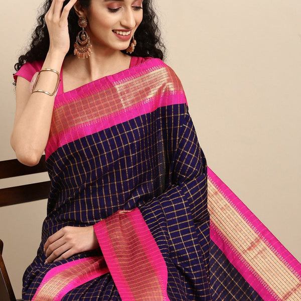 Anouk Navy Blue & Fuchsia Woven Design Pure Silk Banarasi Saree - Distacart