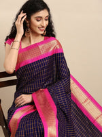 Thumbnail for Anouk Navy Blue & Fuchsia Woven Design Pure Silk Banarasi Saree - Distacart
