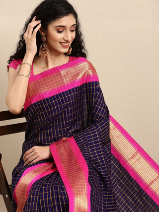 Anouk Navy Blue & Fuchsia Woven Design Pure Silk Banarasi Saree - Distacart