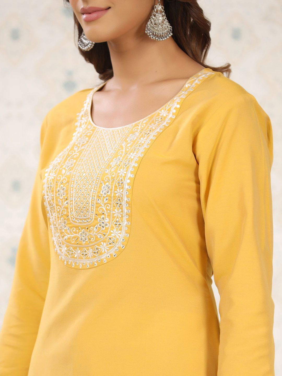 Ode by House of Pataudi Yellow Thread Work Yoke Design Kurta With Trousers - Distacart