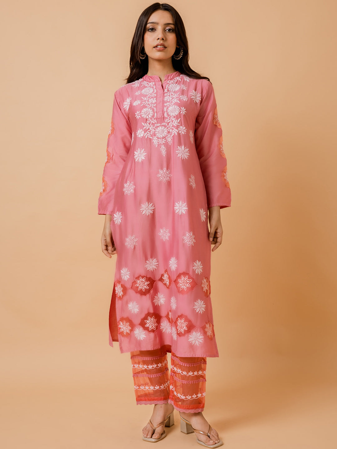 HOUSE OF KARI Ethnic Motifs Embroidered Chikankari Straight Chanderi Silk Kurta - Distacart