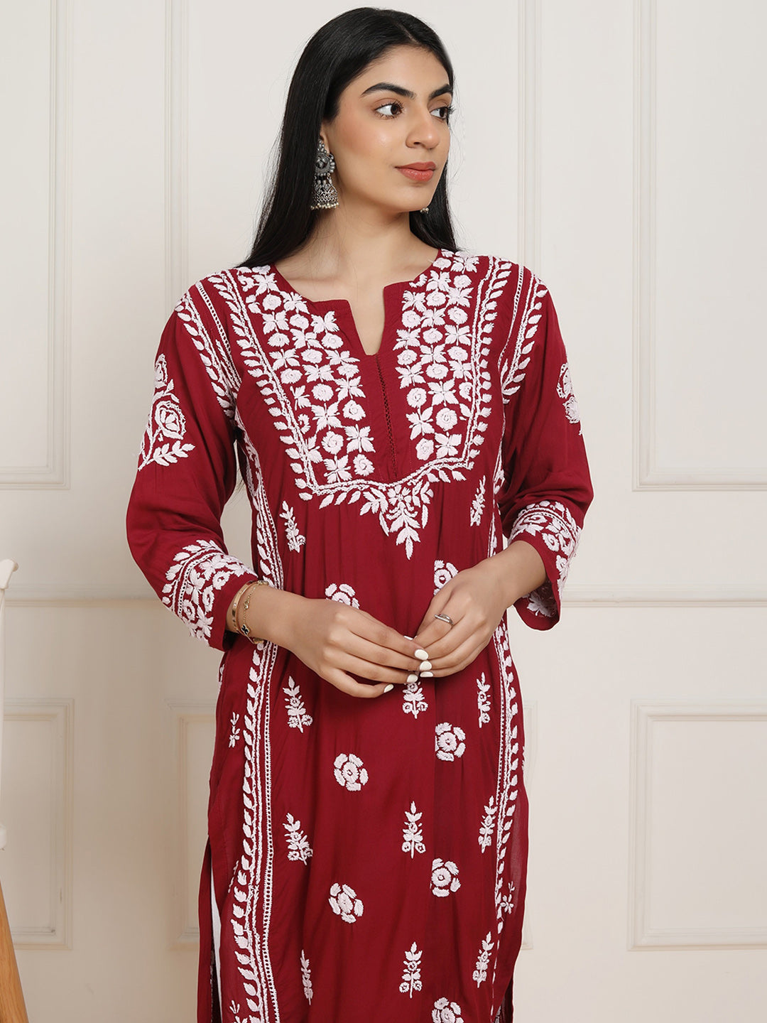 HOUSE OF KARI Floral Embroidered Chikankari Pure Cotton Kurta - Distacart