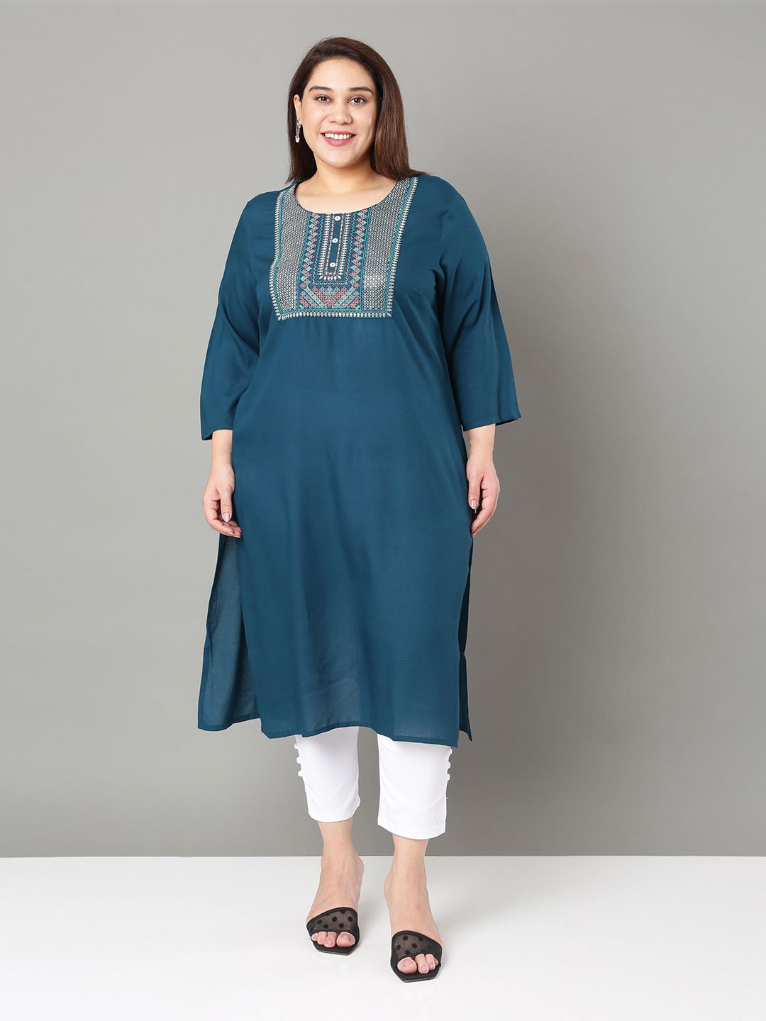 Sztori Floral Embroidered Yoke Design Sequined Straight Kurta - Distacart