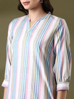 Thumbnail for Anouk White Striped Mandarin Collar Pure Cotton Straight Kurta