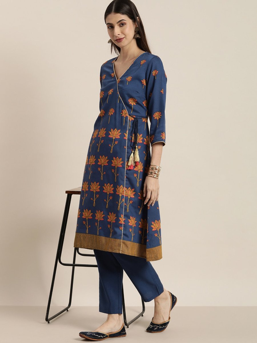 All About You Women Blue Floral Printed Angrakha Kurta with Trousers - Distacart