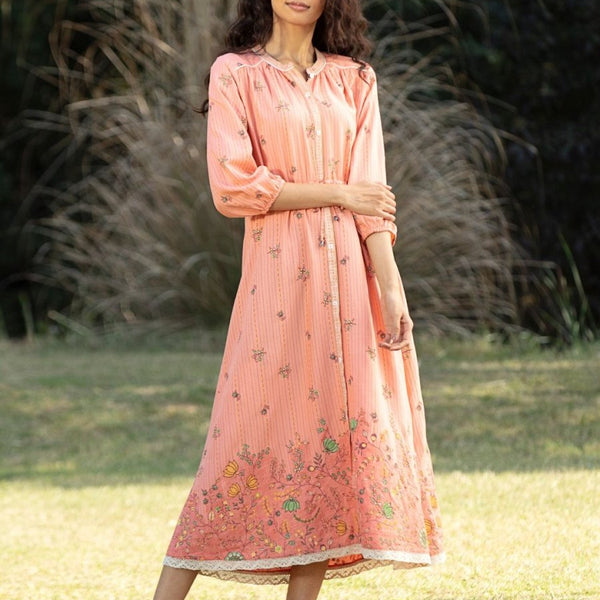 AURELIA Peach-Coloured Floral Midi Dress - Distacart