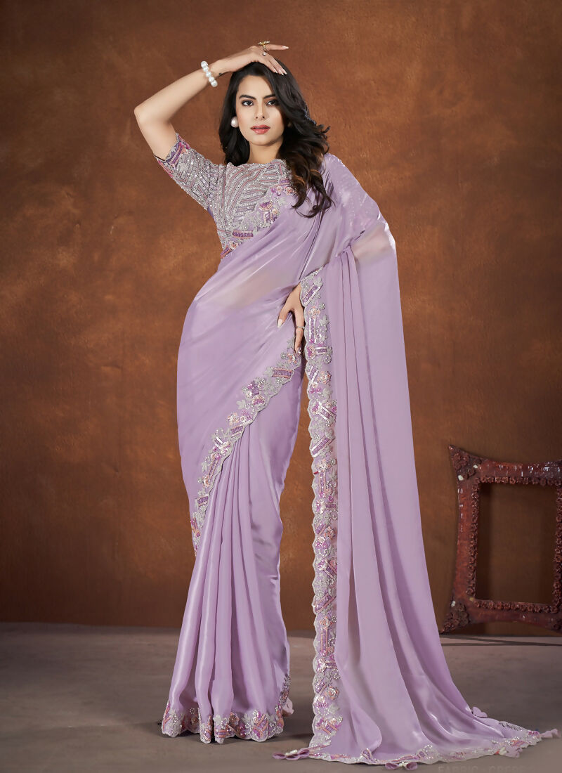 Lavendar Crepe Satin Silk Embroidered Saree with stitched Blouse - Mohmanthan Saha Saki - Distacart